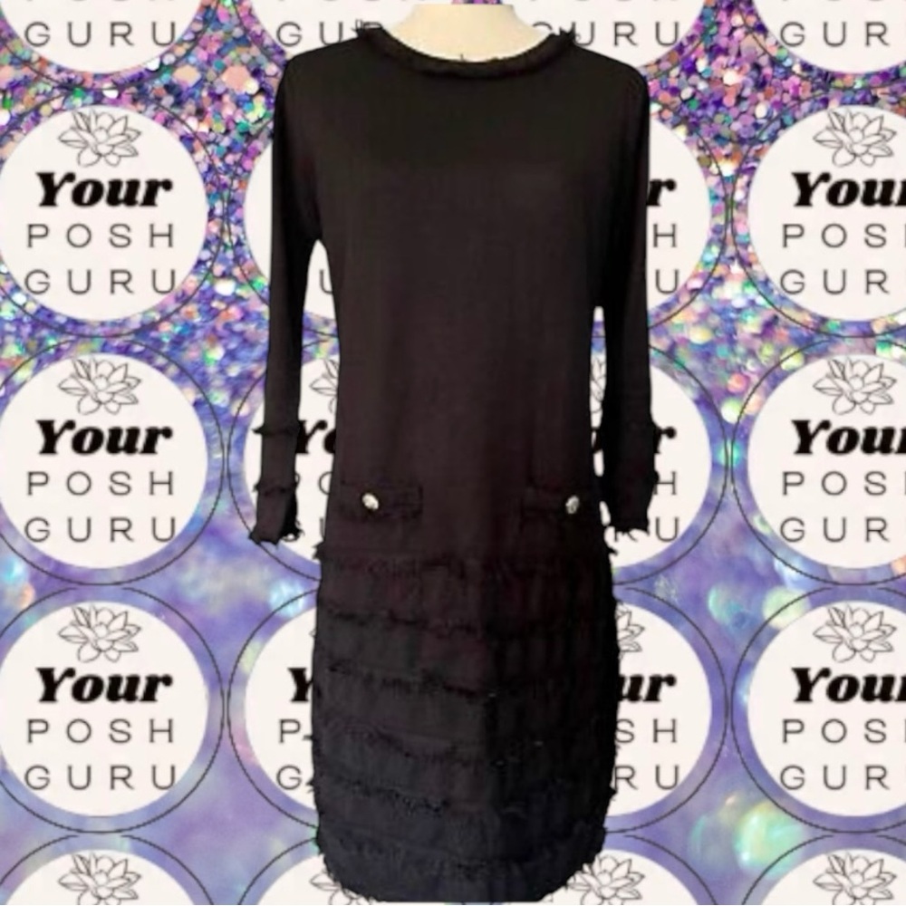🇩🇪 Karl Lagerfeld 🖤 100% Acrylic gold button fray cocktail knit dress 🖤